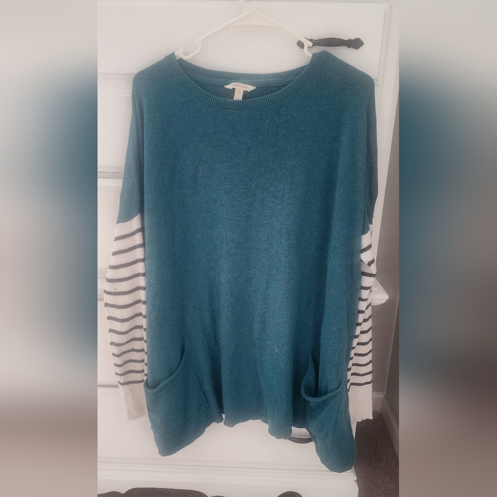 Matilda Jane XXL 2XL Just Imagine Corie Womens Sweater Tunic Teal Striped Sleeve